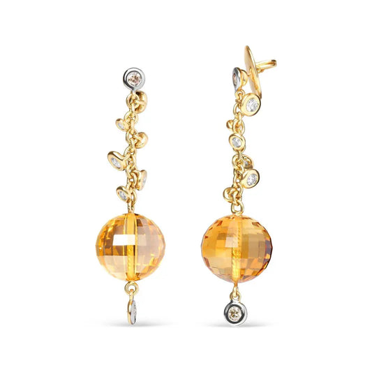 18K Yellow Gold 2/3 Cttw Round Bezel Diamond and 25mm Ball Shaped Yellow Citrine Gemstone Dangle Stud Earring (Brown and G-H Color, SI1-SI2 Clarity) - Bijoux-NYC Direct