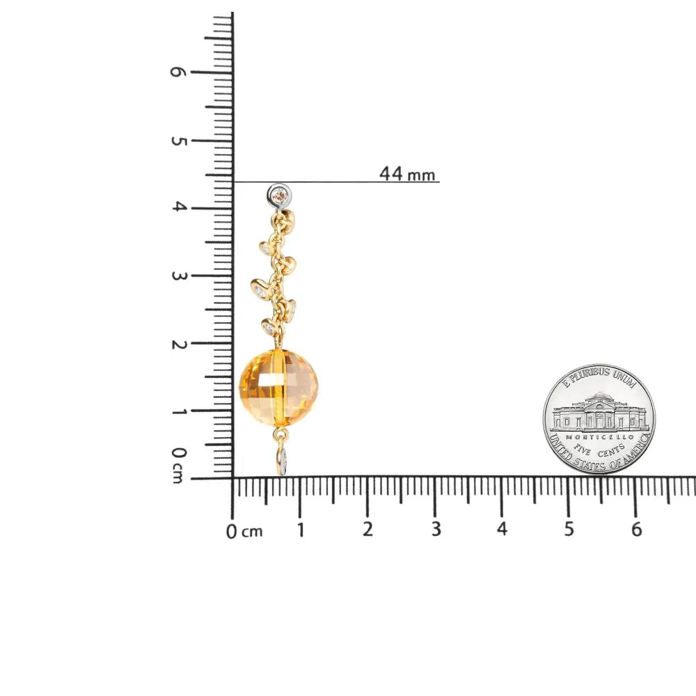 18K Yellow Gold 2/3 Cttw Round Bezel Diamond and 25mm Ball Shaped Yellow Citrine Gemstone Dangle Stud Earring (Brown and G-H Color, SI1-SI2 Clarity) - Bijoux-NYC Direct