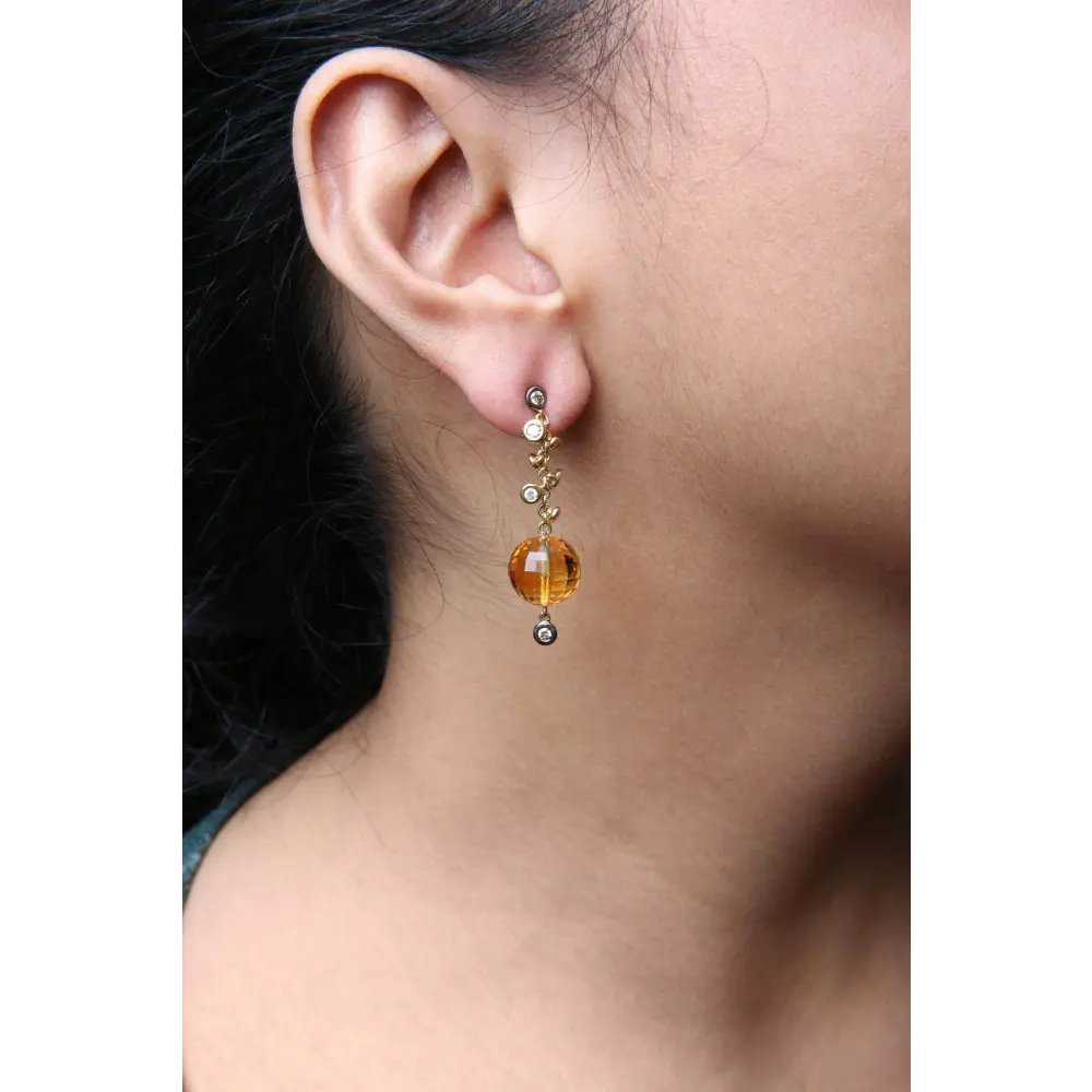18K Yellow Gold 2/3 Cttw Round Bezel Diamond and 25mm Ball Shaped Yellow Citrine Gemstone Dangle Stud Earring (Brown and G-H Color, SI1-SI2 Clarity) - Bijoux-NYC Direct