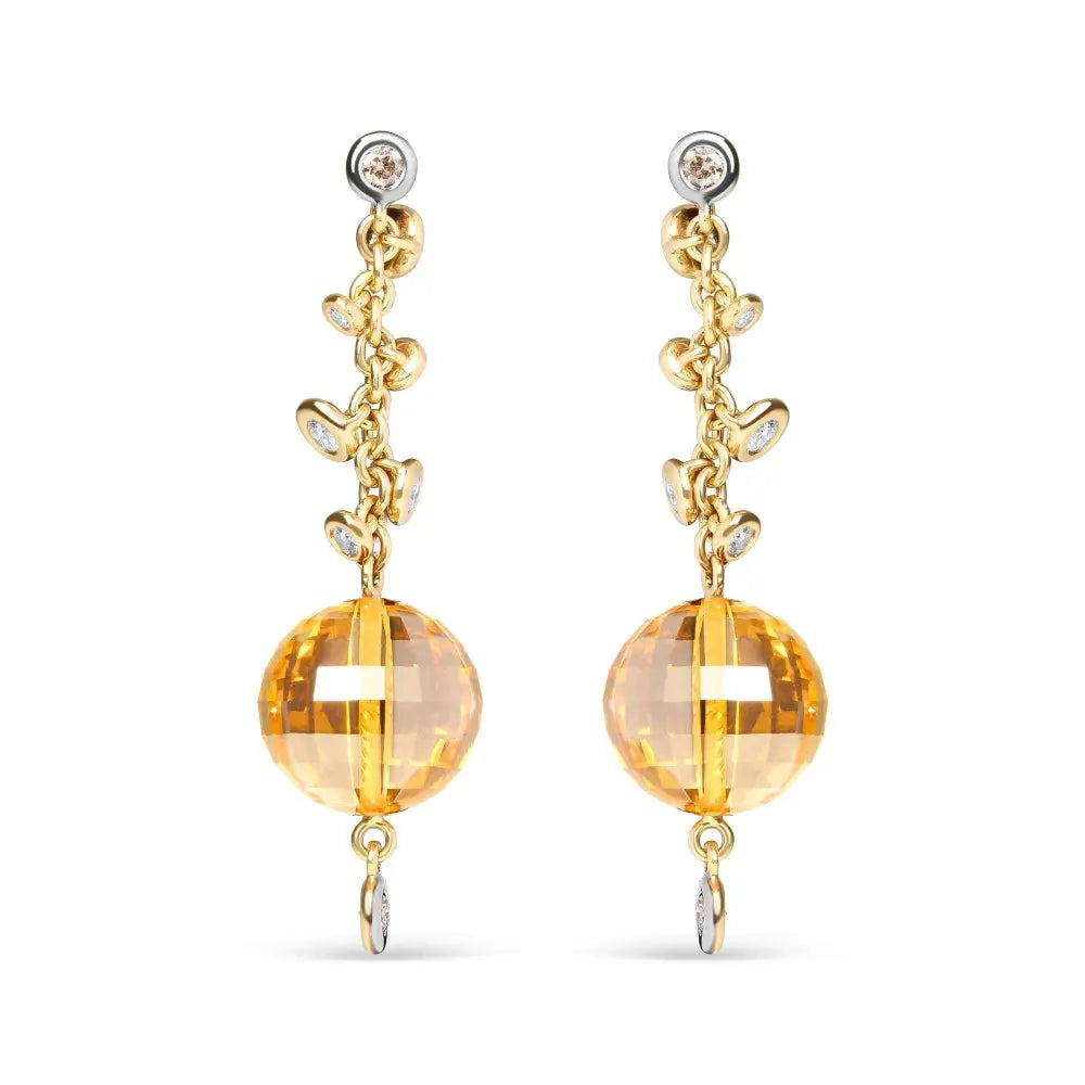 18K Yellow Gold 2/3 Cttw Round Bezel Diamond and 25mm Ball Shaped Yellow Citrine Gemstone Dangle Stud Earring (Brown and G-H Color, SI1-SI2 Clarity) - Bijoux-NYC Direct