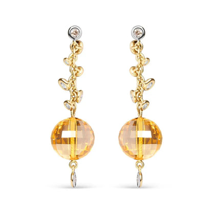 18K Yellow Gold 2/3 Cttw Round Bezel Diamond and 25mm Ball Shaped Yellow Citrine Gemstone Dangle Stud Earring (Brown and G-H Color, SI1-SI2 Clarity) - Bijoux-NYC Direct
