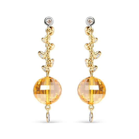 18K Yellow Gold 2/3 Cttw Round Bezel Diamond and 25mm Ball Shaped Yellow Citrine Gemstone Dangle Stud Earring (Brown and G-H Color, SI1-SI2 Clarity) - Bijoux-NYC Direct