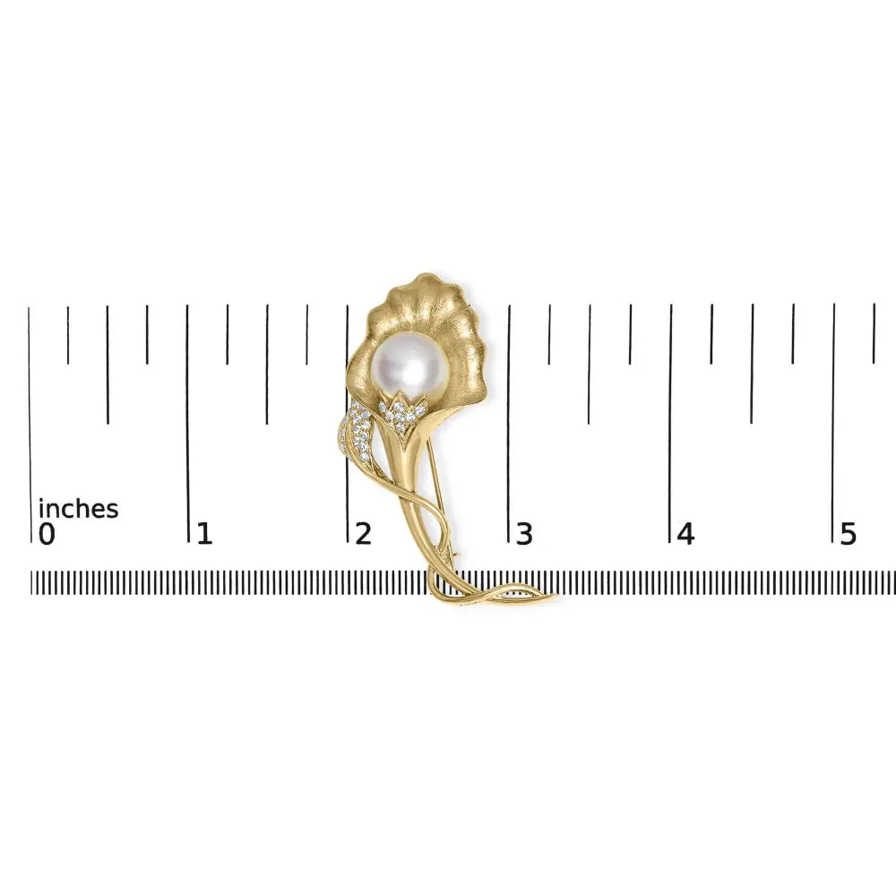 18K Yellow Gold 2/5 Cttw Diamond and 12MM Cultured South Sea Pearl Flower Pin Brooch (G-H Color, VS1-VS2 Clarity) - Bijoux-NYC Direct