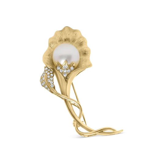 18K Yellow Gold 2/5 Cttw Diamond and 12MM Cultured South Sea Pearl Flower Pin Brooch (G-H Color, VS1-VS2 Clarity) - Bijoux-NYC Direct