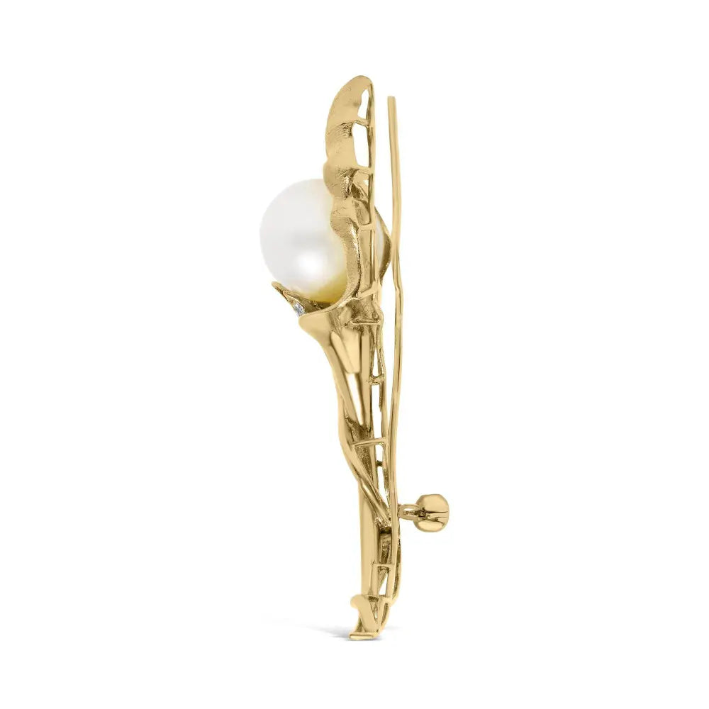 18K Yellow Gold 2/5 Cttw Diamond and 12MM Cultured South Sea Pearl Flower Pin Brooch (G-H Color, VS1-VS2 Clarity) - Bijoux-NYC Direct