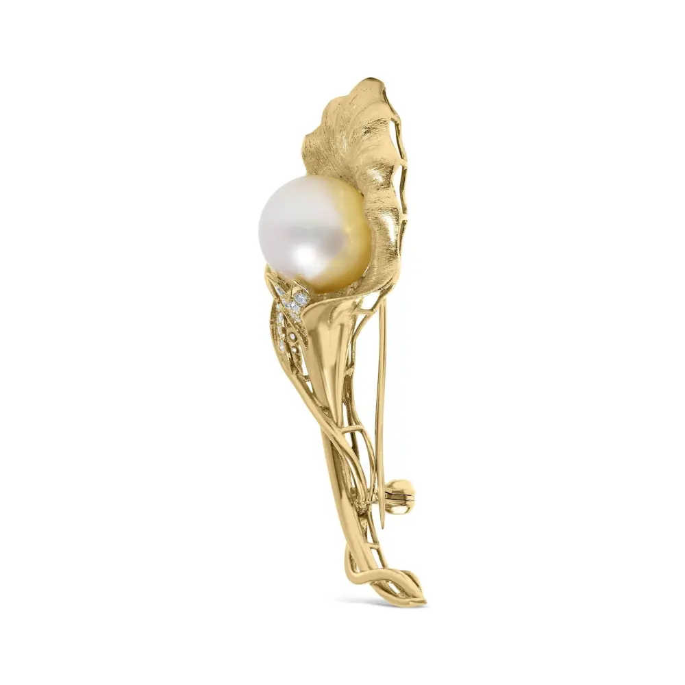 18K Yellow Gold 2/5 Cttw Diamond and 12MM Cultured South Sea Pearl Flower Pin Brooch (G-H Color, VS1-VS2 Clarity) - Bijoux-NYC Direct