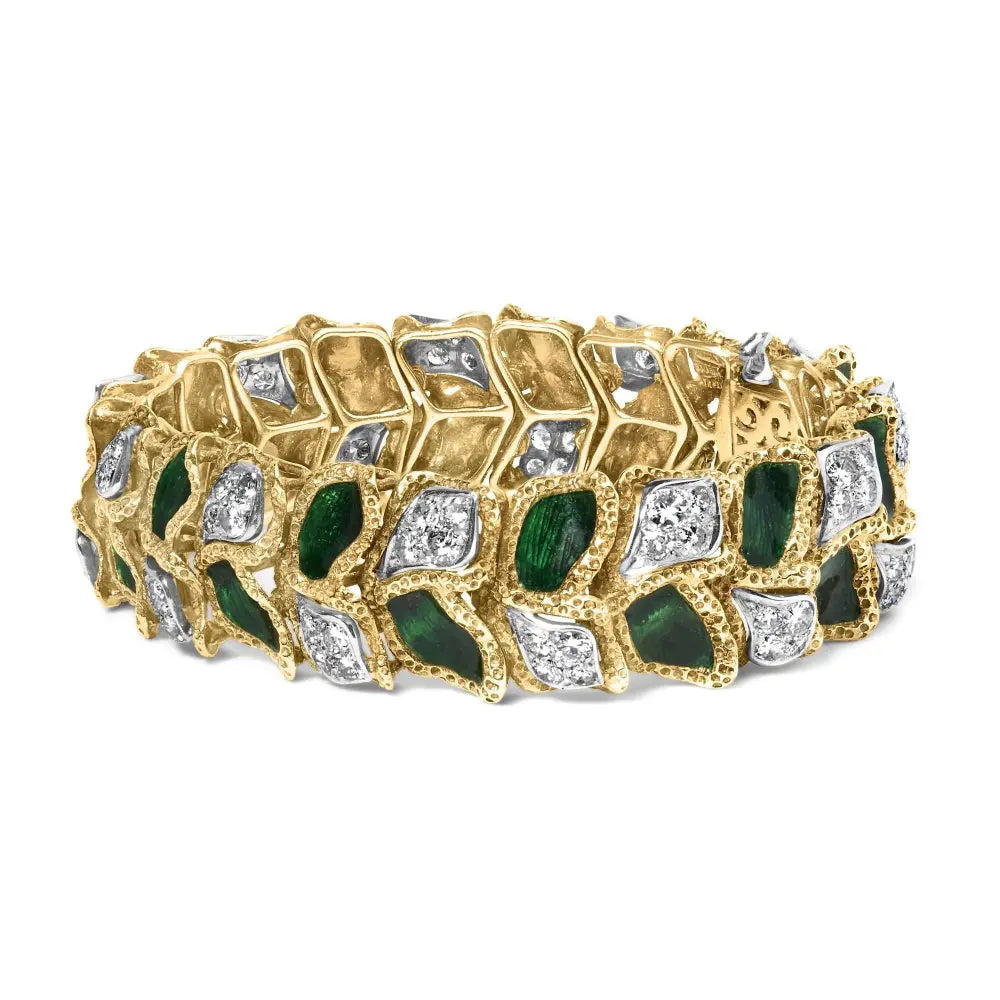 18k yellow gold 3 1/4 cttw diamond and green enamel textured bracelet (g h color vs1 vs2 clarity) 7’’ inches
