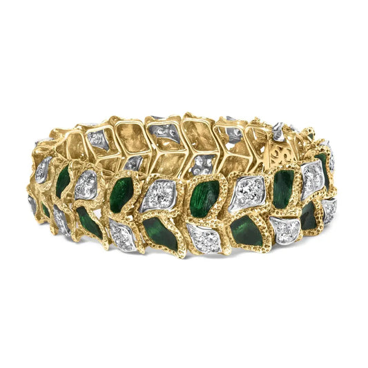 18k yellow gold 3 1/4 cttw diamond and green enamel textured bracelet (g h color vs1 vs2 clarity) 7’’ inches