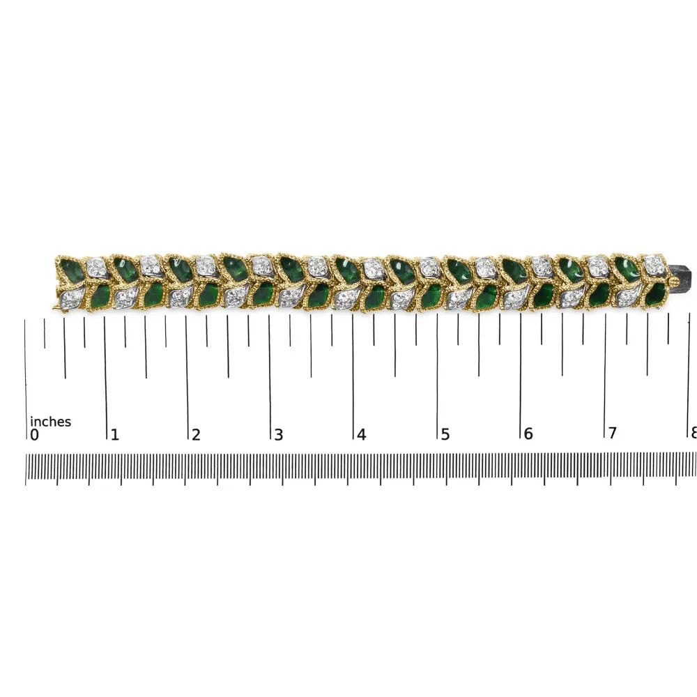 18k yellow gold 3 1/4 cttw diamond and green enamel textured bracelet (g h color vs1 vs2 clarity) 7’’ inches