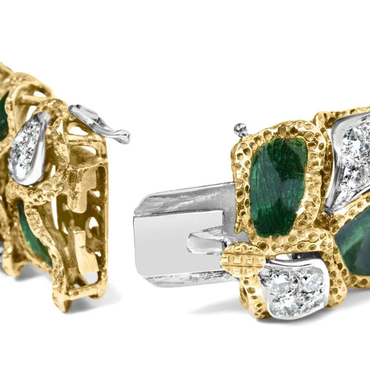 18k yellow gold 3 1/4 cttw diamond and green enamel textured bracelet (g h color vs1 vs2 clarity) 7’’ inches