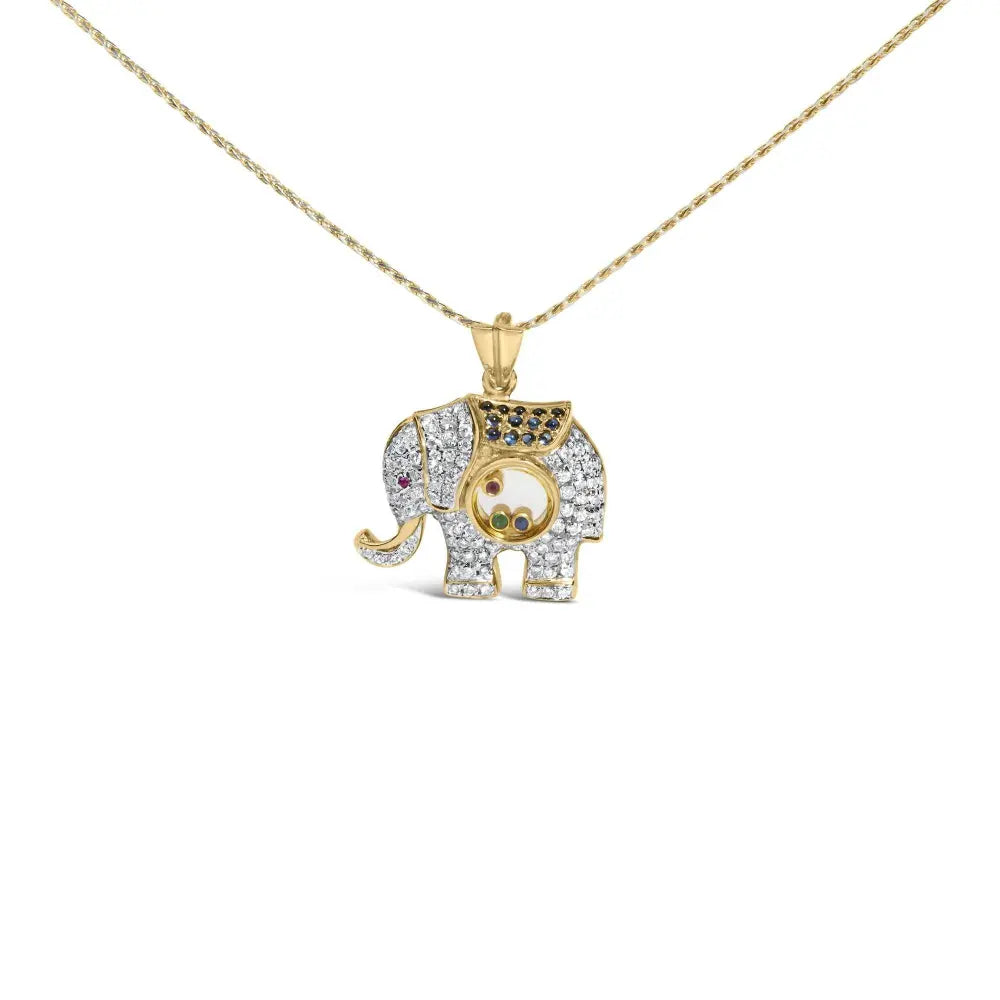 18K Yellow Gold 3/4 Cttw Diamond Elephant Shaker Pendant Necklace with Emerald, Ruby, and Sapphire (G-H Color, VS2-SI1 Clarity) - Bijoux-NYC Direct