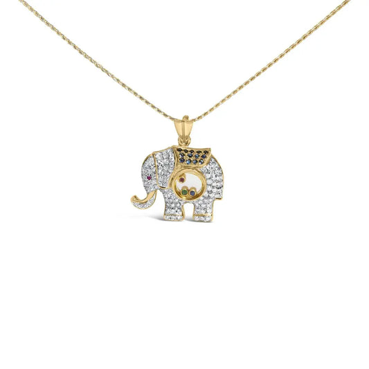 18K Yellow Gold 3/4 Cttw Diamond Elephant Shaker Pendant Necklace with Emerald, Ruby, and Sapphire (G-H Color, VS2-SI1 Clarity) - Bijoux-NYC Direct