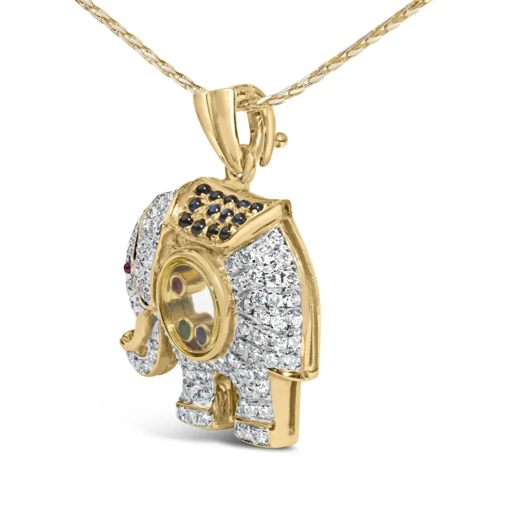 18K Yellow Gold 3/4 Cttw Diamond Elephant Shaker Pendant Necklace with Emerald, Ruby, and Sapphire (G-H Color, VS2-SI1 Clarity) - Bijoux-NYC Direct