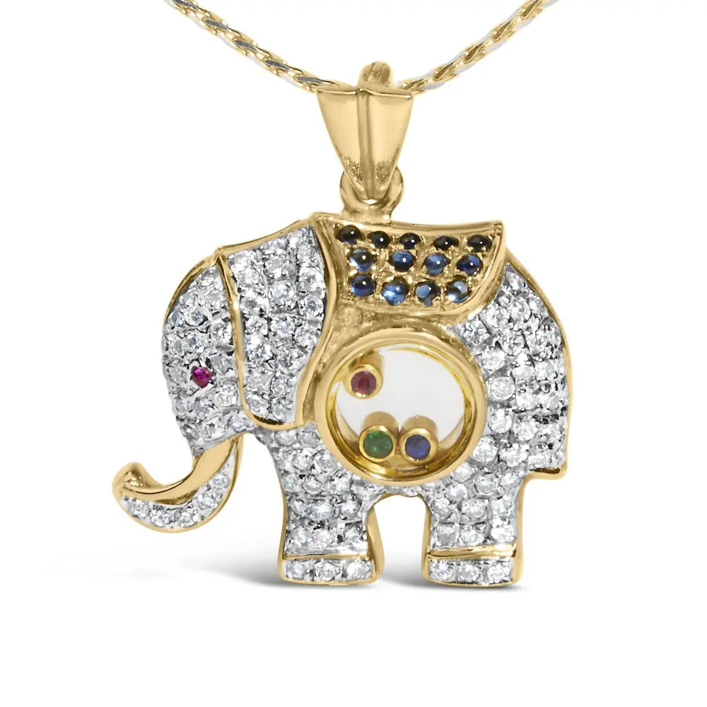 18K Yellow Gold 3/4 Cttw Diamond Elephant Shaker Pendant Necklace with Emerald, Ruby, and Sapphire (G-H Color, VS2-SI1 Clarity) - Bijoux-NYC Direct