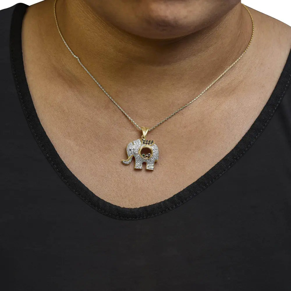 18K Yellow Gold 3/4 Cttw Diamond Elephant Shaker Pendant Necklace with Emerald, Ruby, and Sapphire (G-H Color, VS2-SI1 Clarity) - Bijoux-NYC Direct