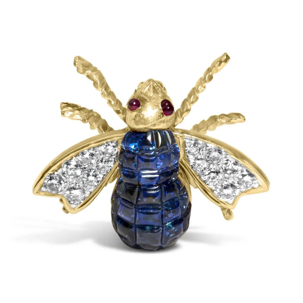 18K Yellow Gold 3/8 Cttw Diamond and 5 4/5 Cttw Blue Sapphire Bumblebee Brooch Pin (F-G Color, VS2-SI1 Clarity) - Bijoux-NYC Direct