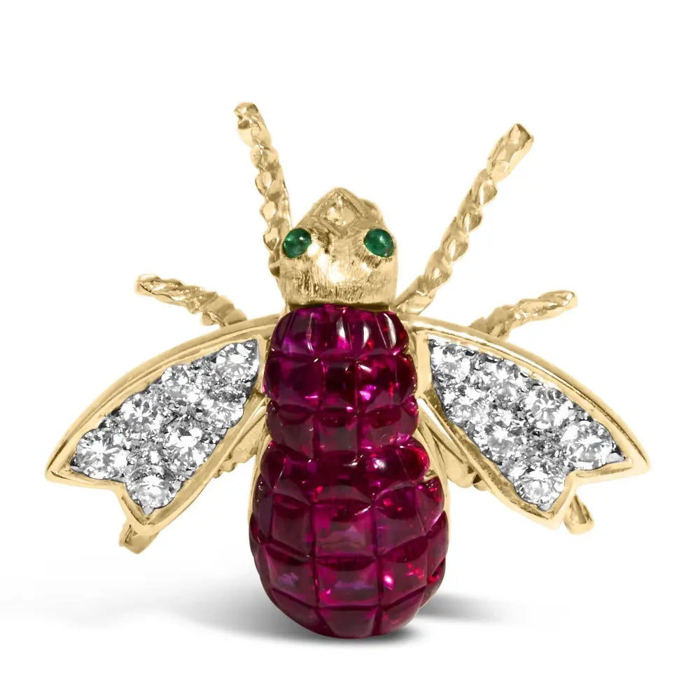 18K Yellow Gold 3/8 Cttw Diamond and 6 3/4 Cttw Red Ruby Bumblebee Brooch Pin (F-G Color, VS2-SI1 Clarity) - Bijoux-NYC Direct