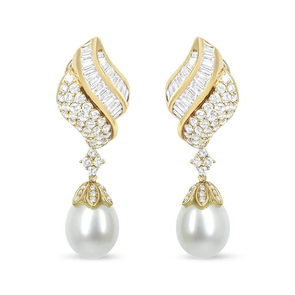 18k Yellow Gold 7.0 Cttw Baguette and Round Diamond South Sea Pearl Drop Dangle Clip-On Earrings (F-G Color, VS1-VS2 Clarity) - Bijoux-NYC Direct