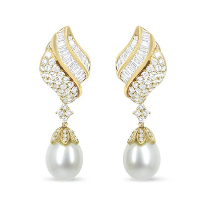18k Yellow Gold 7.0 Cttw Baguette and Round Diamond South Sea Pearl Drop Dangle Clip-On Earrings (F-G Color, VS1-VS2 Clarity) - Bijoux-NYC Direct