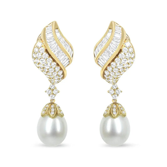 18k Yellow Gold 7.0 Cttw Baguette and Round Diamond South Sea Pearl Drop Dangle Clip-On Earrings (F-G Color, VS1-VS2 Clarity) - Bijoux-NYC Direct