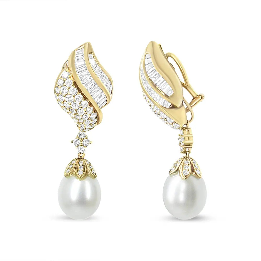 18k Yellow Gold 7.0 Cttw Baguette and Round Diamond South Sea Pearl Drop Dangle Clip-On Earrings (F-G Color, VS1-VS2 Clarity) - Bijoux-NYC Direct