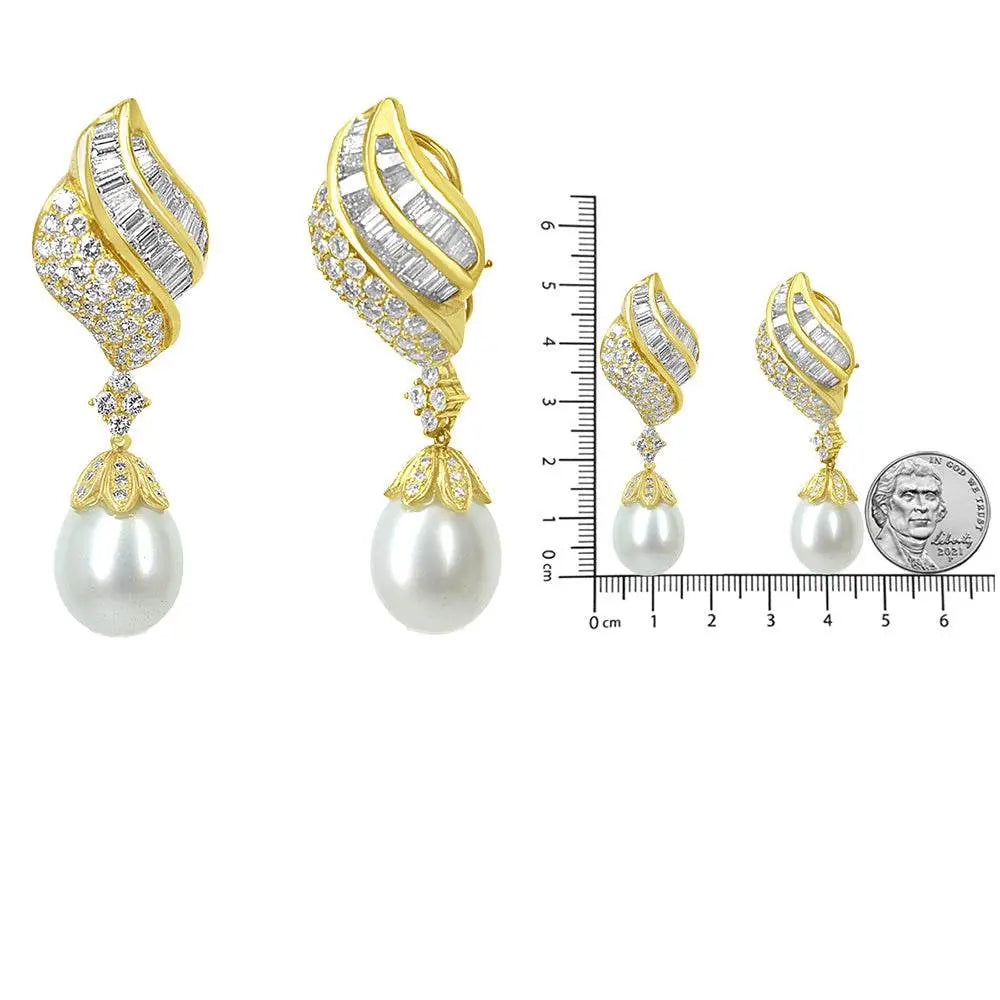 18k Yellow Gold 7.0 Cttw Baguette and Round Diamond South Sea Pearl Drop Dangle Clip-On Earrings (F-G Color, VS1-VS2 Clarity) - Bijoux-NYC Direct