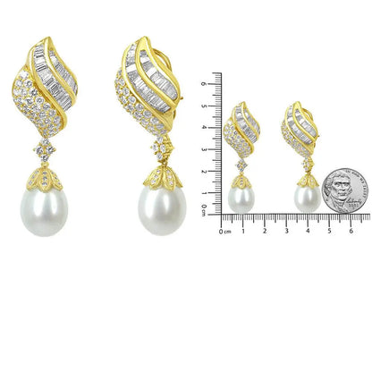 18k Yellow Gold 7.0 Cttw Baguette and Round Diamond South Sea Pearl Drop Dangle Clip-On Earrings (F-G Color, VS1-VS2 Clarity) - Bijoux-NYC Direct