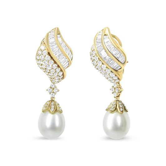 18k Yellow Gold 7.0 Cttw Baguette and Round Diamond South Sea Pearl Drop Dangle Clip-On Earrings (F-G Color, VS1-VS2 Clarity) - Bijoux-NYC Direct