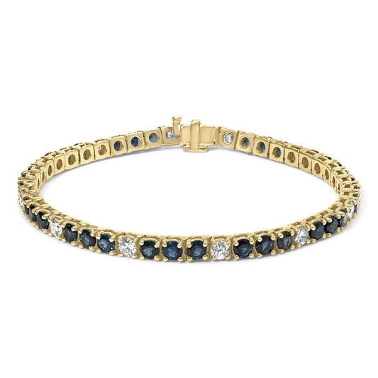 18k yellow gold alternating 1 1/5 cttw diamond and 3x3 mm blue sapphire tennis bracelet (g h color vs1 vs2 clarity) 7’’ inches