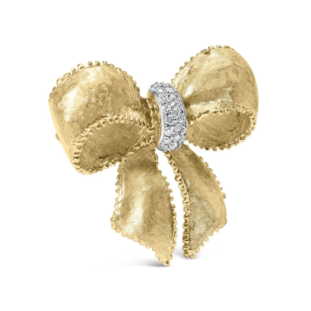 18K Yellow Gold and 3/5 Cttw Diamond Bow Pin Brooch (G-H Color, VS1-VS2 Clarity) - Bijoux-NYC Direct