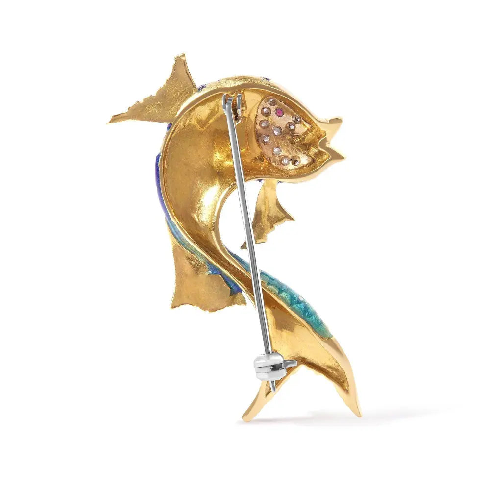 18K Yellow Gold and Blue Enamel Diamond and Pink Sapphire Fish Brooch Pin (H-I Color, VS2-SI1 Clarity) - Bijoux-NYC Direct