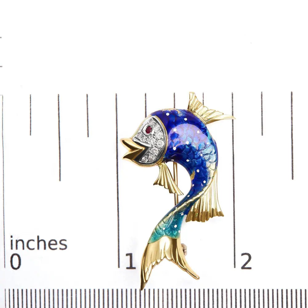 18K Yellow Gold and Blue Enamel Diamond and Pink Sapphire Fish Brooch Pin (H-I Color, VS2-SI1 Clarity) - Bijoux-NYC Direct