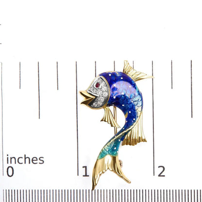 18K Yellow Gold and Blue Enamel Diamond and Pink Sapphire Fish Brooch Pin (H-I Color, VS2-SI1 Clarity) - Bijoux-NYC Direct