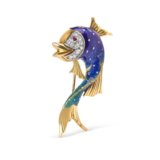 18K Yellow Gold and Blue Enamel Diamond and Pink Sapphire Fish Brooch Pin (H-I Color, VS2-SI1 Clarity) - Bijoux-NYC Direct