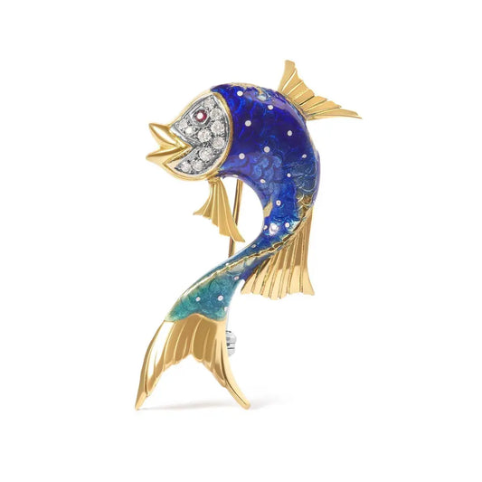 18K Yellow Gold and Blue Enamel Diamond and Pink Sapphire Fish Brooch Pin (H-I Color, VS2-SI1 Clarity) - Bijoux-NYC Direct