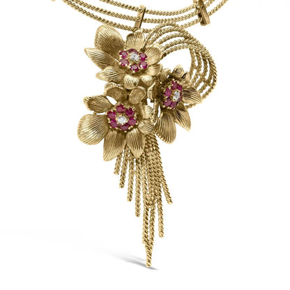 18k yellow gold diamond and red ruby floral cascade statement necklace with 16’’ inch bead chain (f g color vs1 vs2 clarity)