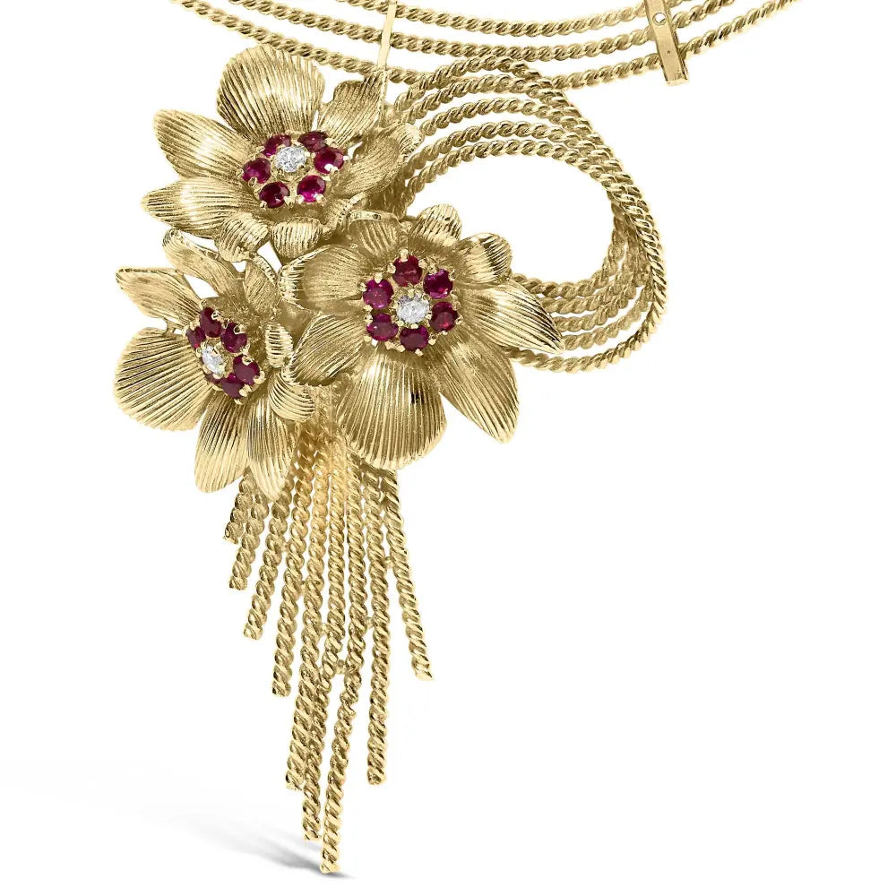 18k yellow gold diamond and red ruby floral cascade statement necklace with 16’’ inch bead chain (f g color vs1 vs2 clarity)