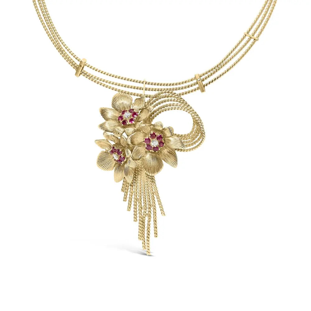 18k yellow gold diamond and red ruby floral cascade statement necklace with 16’’ inch bead chain (f g color vs1 vs2 clarity)
