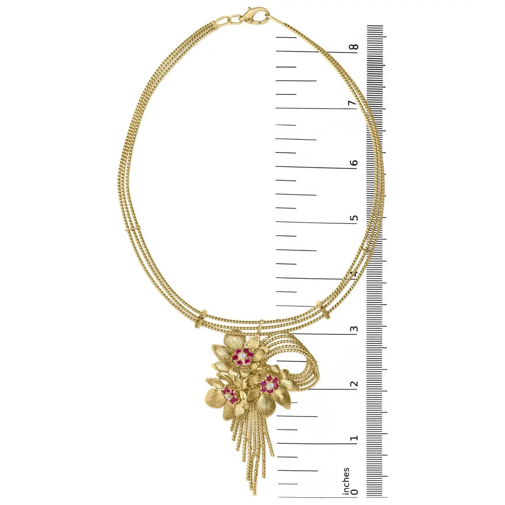 18k yellow gold diamond and red ruby floral cascade statement necklace with 16’’ inch bead chain (f g color vs1 vs2 clarity)