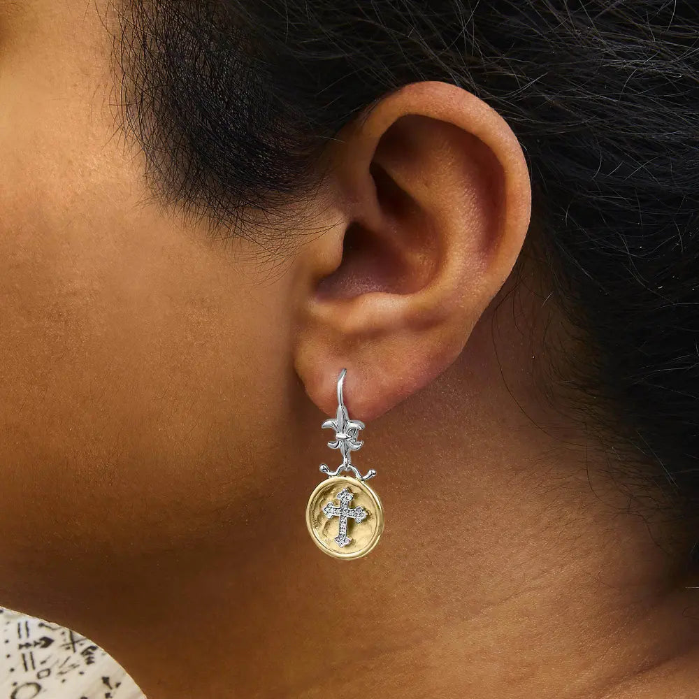 18K Yellow Gold Plated .925 Sterling Silver 1/8 Cttw Diamond Hammered Finished Medallion with Cross Drop and Dangle Earrings (I-J Color, SI1-SI2 Clarity) - Bijoux-NYC Direct