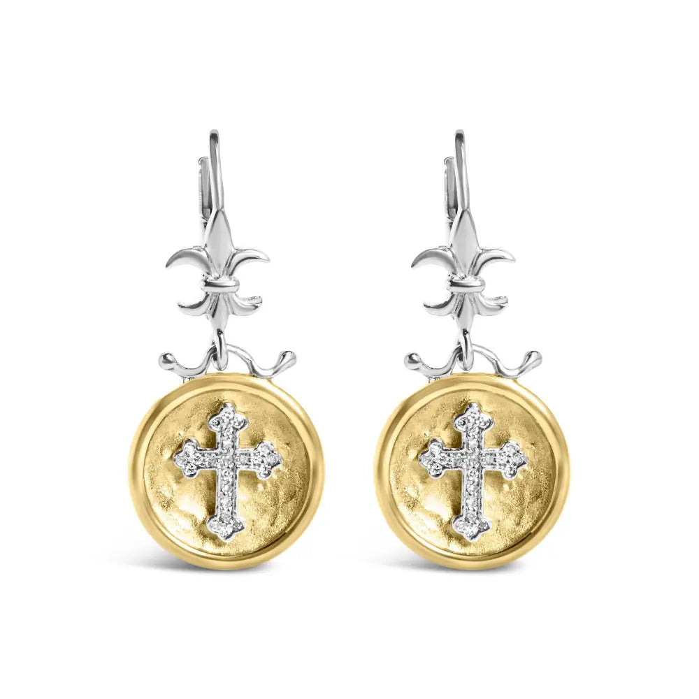 18k gold plated silver 1/8 cttw diamond hammered cross medallion earrings bijoux-nyc direct