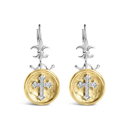 18K Yellow Gold Plated .925 Sterling Silver 1/8 Cttw Diamond Hammered Finished Medallion with Cross Drop and Dangle Earrings (I-J Color, SI1-SI2 Clarity) - Bijoux-NYC Direct