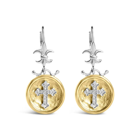 18K Yellow Gold Plated .925 Sterling Silver 1/8 Cttw Diamond Hammered Finished Medallion with Cross Drop and Dangle Earrings (I-J Color, SI1-SI2 Clarity) - Bijoux-NYC Direct