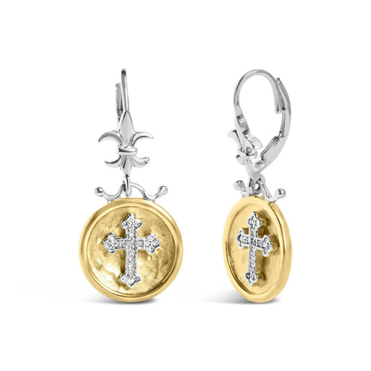 18K Yellow Gold Plated .925 Sterling Silver 1/8 Cttw Diamond Hammered Finished Medallion with Cross Drop and Dangle Earrings (I-J Color, SI1-SI2 Clarity) - Bijoux-NYC Direct