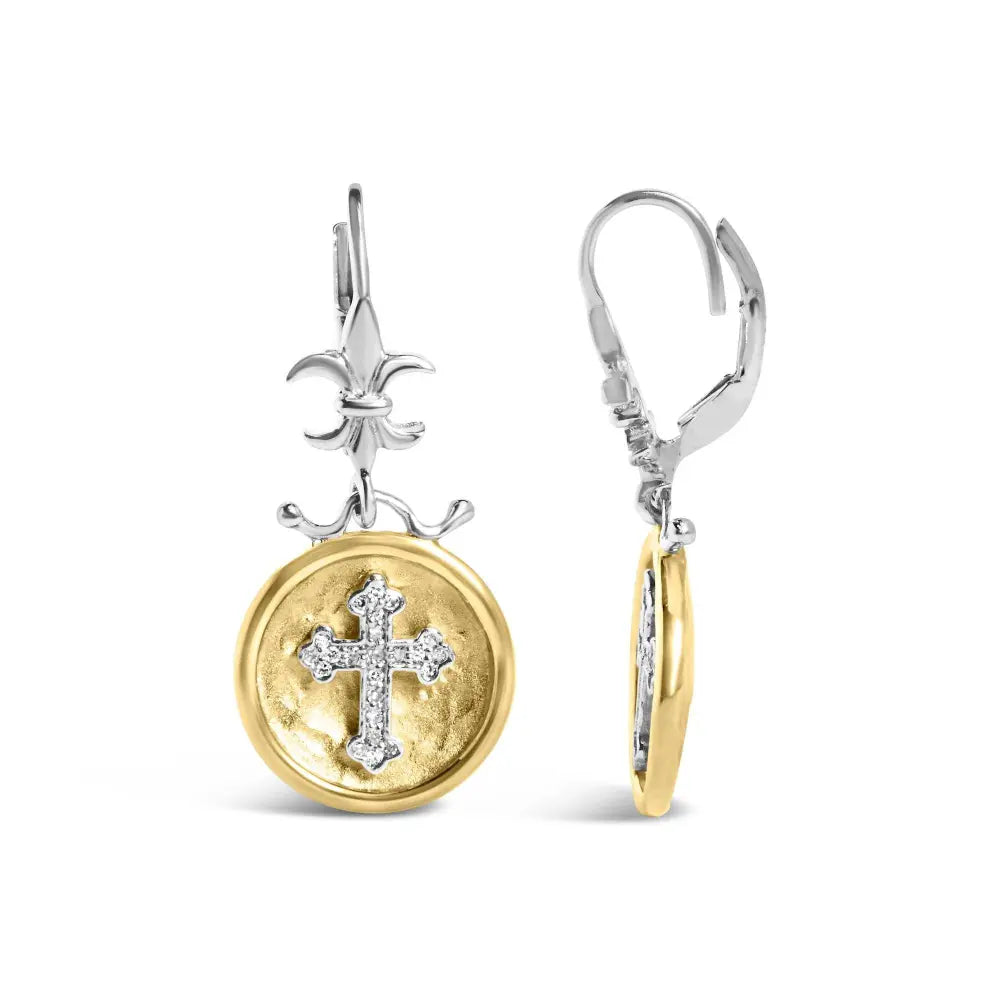 18K Yellow Gold Plated .925 Sterling Silver 1/8 Cttw Diamond Hammered Finished Medallion with Cross Drop and Dangle Earrings (I-J Color, SI1-SI2 Clarity) - Bijoux-NYC Direct