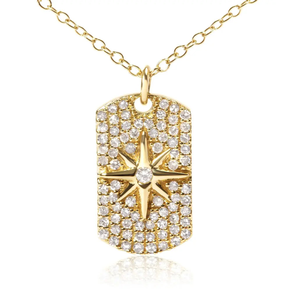 18k yellow gold plated.925 sterling silver 3/8 cttw diamond north star dog tag 18’’ inch pendant necklace (i j color i2 i3