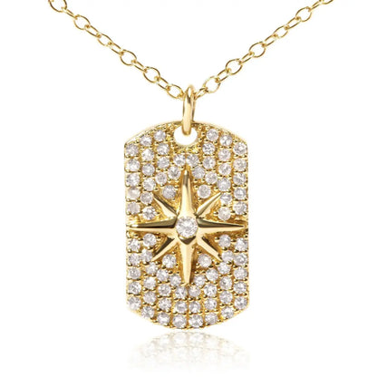 18k yellow gold plated.925 sterling silver 3/8 cttw diamond north star dog tag 18’’ inch pendant necklace (i j color i2 i3