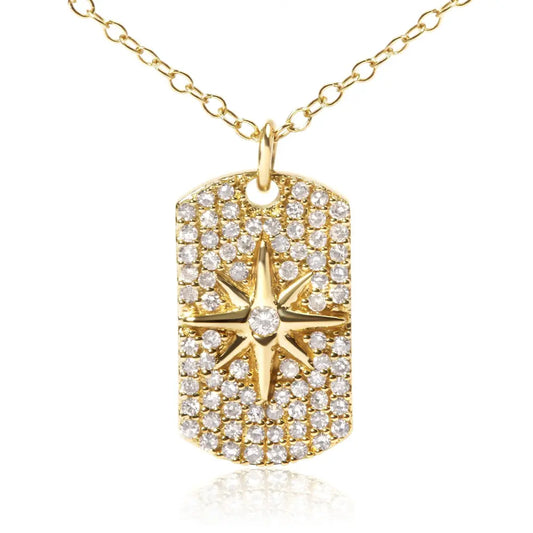 18k yellow gold plated.925 sterling silver 3/8 cttw diamond north star dog tag 18’’ inch pendant necklace (i j color i2 i3