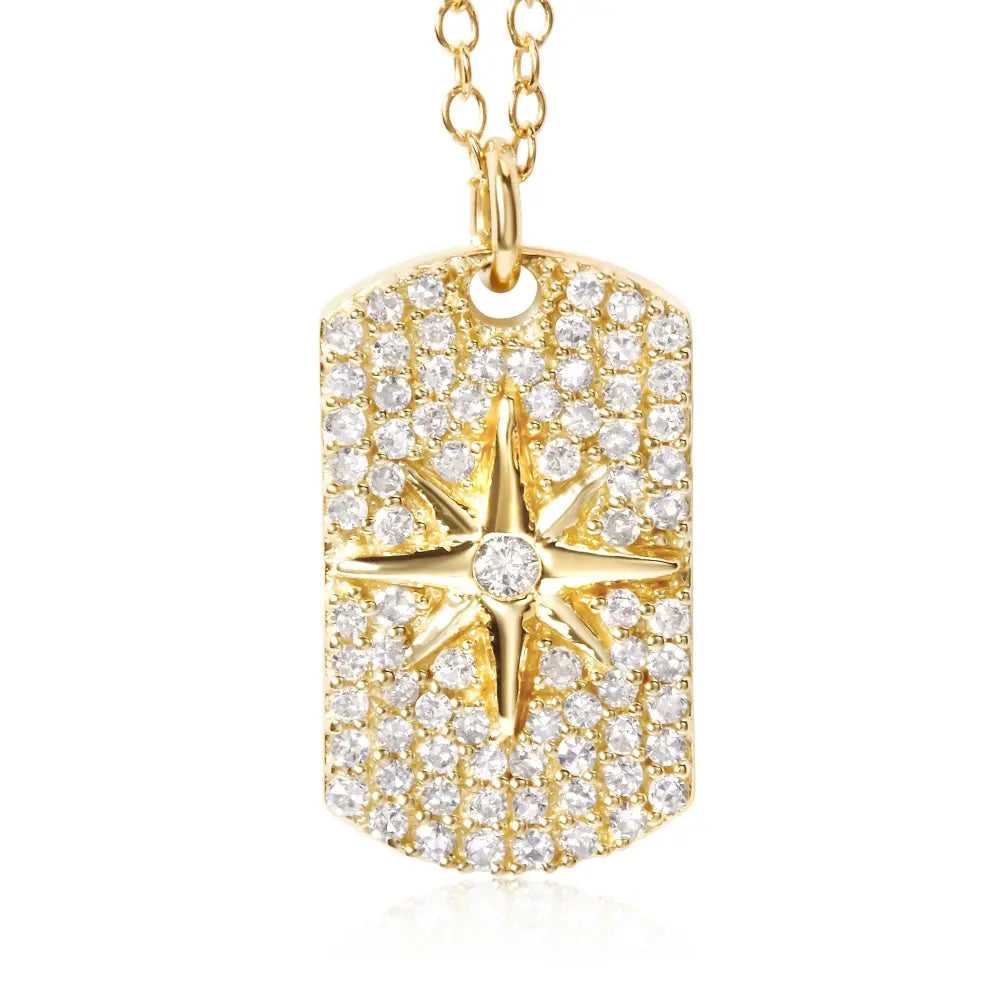 18k yellow gold plated.925 sterling silver 3/8 cttw diamond north star dog tag 18’’ inch pendant necklace (i j color i2 i3