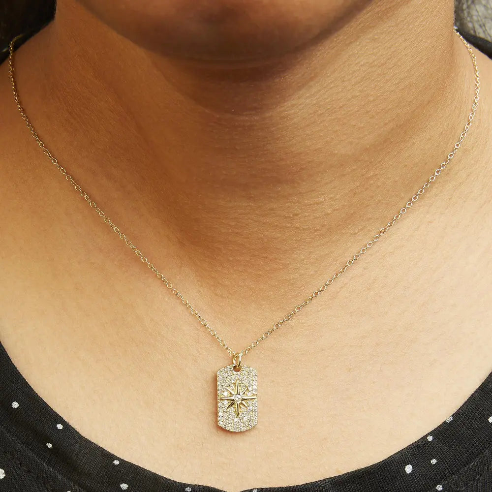 18k yellow gold plated.925 sterling silver 3/8 cttw diamond north star dog tag 18’’ inch pendant necklace (i j color i2 i3